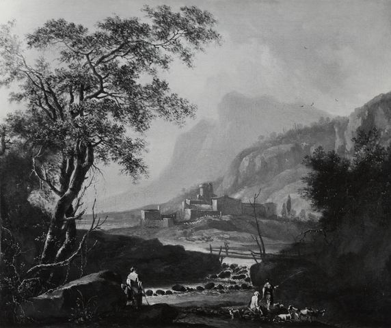 Boccardi, Cosimo — Pedon Bartolomeo - sec. XVII/ XVIII - Paesaggio con borgo, fiume e pastori — insieme